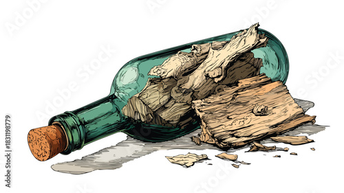 Damaged Broken Bottle with Wooden Piece Vector Illustration