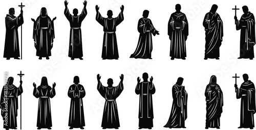 Religious figure silhouette icon set, black vector monks priests in robes, prayer worship poses, spiritual ceremony illustration