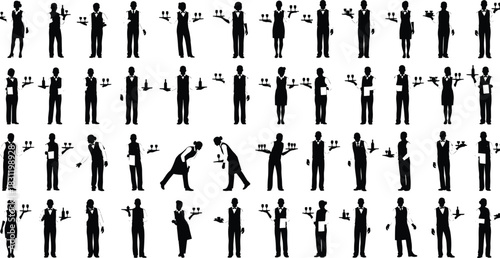 Waitstaff silhouette icon set, black vector figures, tray serving poses, restaurant staff design, hospitality illustration, food service symbols