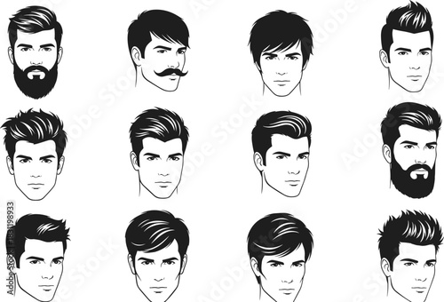 Male hairstyle and beard icon set, black vector grooming styles, haircut mustache beard illustration, barber design, character reference