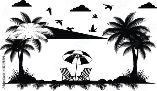 Tropical beach silhouette scene, black vector illustration, palm trees, umbrella chairs, birds flying, vacation nature design, summer holiday icon