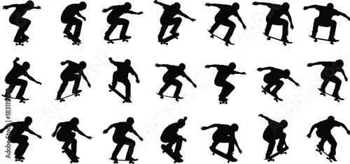 Skateboarder silhouette sequence, black vector stunts, dynamic motion poses, extreme sports illustration, trick action set, athletic movement art