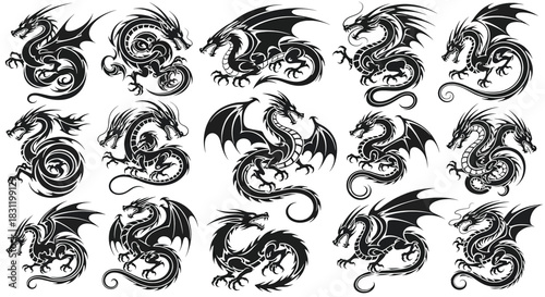 Vector Tribal Dragon Tattoo Designs, Abstract Mythical Creatures Collection, Black Ink Art, Graphic Illustration Set, Isolated Linework on White Background