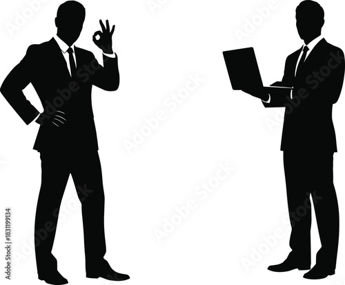 Businessman silhouette duo, confident gesture, laptop analysis, black white vector, professional pose, corporate concept, technology, communication art