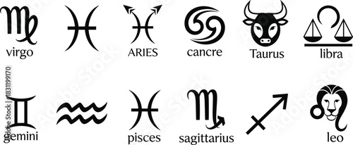 Zodiac signs symbol set, astrology icons, horoscope chart elements, black white vector, mystic design, celestial art, star sign illustration