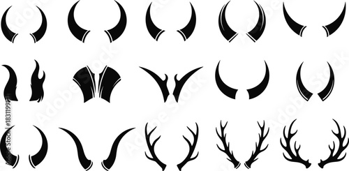 Horn and antler silhouette set, black vector icons, fantasy shapes, abstract design, animal elements, tribal art, graphic illustration