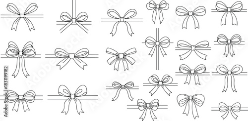 Bow line art collection, black white ribbon designs, decorative knots, gift wrap elements, fashion sketch, vector illustration, crafting icons