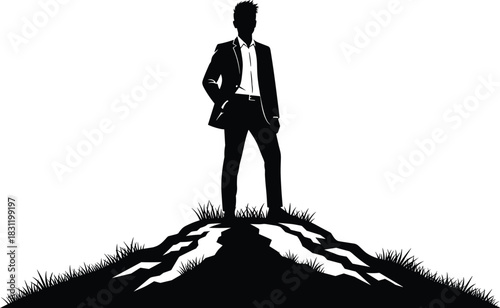 Businessman silhouette on hilltop, leadership concept, success achievement, confident pose, career growth, motivational vector, goal reached, black white art