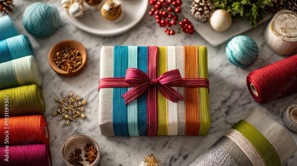 Fototapeta premium Colorful Crafting Threads and Holiday Gift Wrapped in Bright Decorative Ribbon
