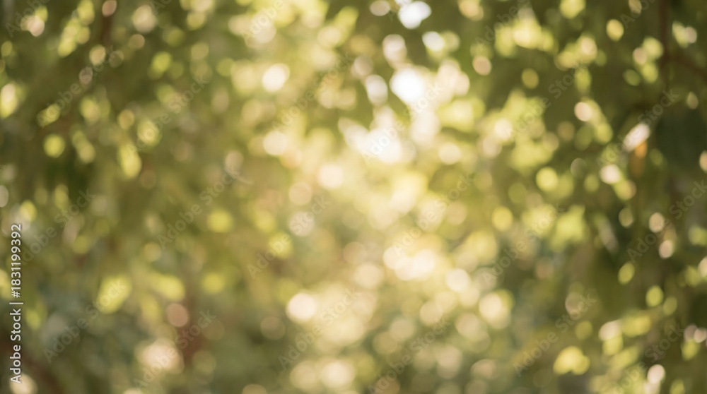 Obraz premium Blurred green foliage with bright sunlight spots creating soft bokeh. Natural abstract background scene suitable for summer, spring, or eco design concepts and wallpapers.