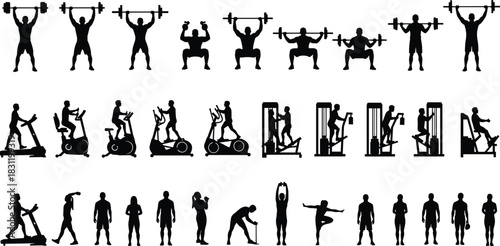 Gym workout icon set, black and white fitness silhouettes, cardio, weightlifting, stretching, exercise posture, health training illustration grid
