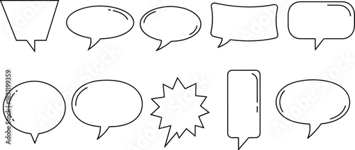 Speech and thought bubble icon set, black and white comic shapes, dialogue cloud, emotion symbol, graphic storytelling illustration