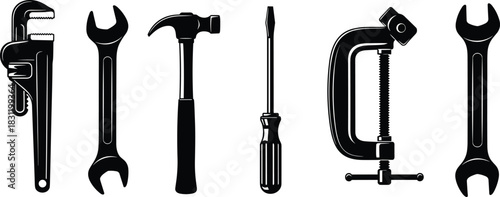 Hand tool icon set, black and white silhouettes, wrench, hammer, screwdriver, clamp, DIY equipment, construction, repair illustration