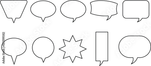 Speech bubble icon set, black and white outline shapes, comic dialogue symbols, thought cloud design, communication illustration grid
