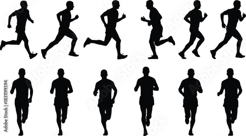 Running motion icon set, black and white athlete silhouettes, side and front view, sports biomechanics, dynamic posture illustration grid
