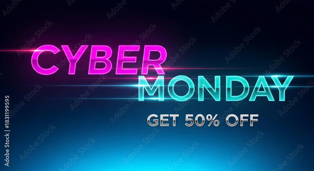 Obraz premium Neon text Cyber Monday, promotion of sale offer with light effect on dark background, representative of retail event or advertisement campaign