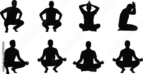 Yoga and meditation icon set, black and white silhouette poses, mindfulness design, spiritual practice, relaxation figure illustration
