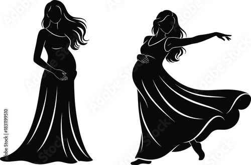 Pregnant woman silhouette set, black and white maternity icons, graceful pose, dancing figure, motherhood design, expressive illustration