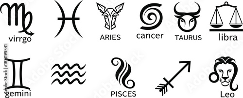 Zodiac icon set, black and white astrology symbols, horoscope signs, celestial design, mystic illustration, star chart graphic elements