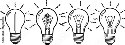 Light bulb icon set, black and white filament designs, hand-drawn style, glowing bulb illustration, electricity concept, creative symbol