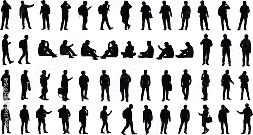 Human silhouette icon set, black and white posture illustrations, walking, sitting, talking, gesture, interaction, lifestyle design