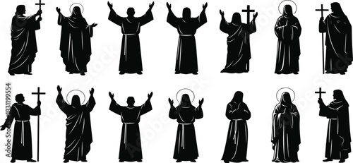Religious figure silhouette set, black and white icons, monk and saint poses, worship gesture, spiritual design, holy illustration