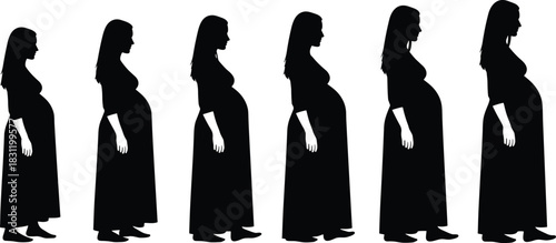 Pregnancy silhouette icon set, black and white maternity stages, woman figure, belly growth, health design, timeline illustration