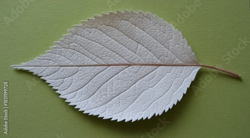 White leaf is shown on a green background. The leaf is very thin and delicate, with a pointed tip