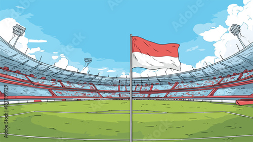 Vibrant Cartoon Stadium with Red and White Flag - Sports Arena Illustration