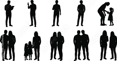 Human silhouette set, black and white social icons, family interaction, standing poses, adult and child figures, relationship design