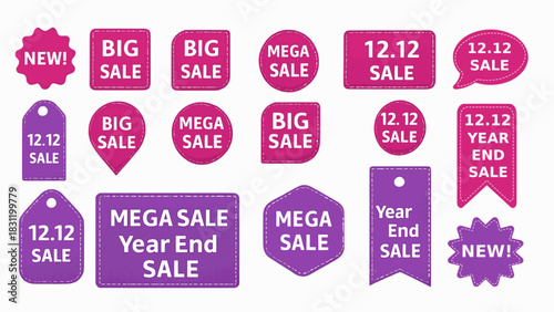 12.12 Set of vector verity of colure starburst, sunburst badges. Simple vibrant flat style vintage labels, stickers with sale discount text. Sale quality tags and labels. Template banner shopping ads.