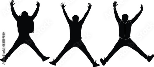 Jumping silhouette set, black and white energetic pose, star jump motion, exercise icon, dynamic movement, fitness, expressive figure