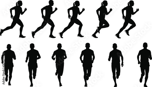 PrintRunning silhouette set, black and white athlete icons, side and front view, motion pose, sports science, fitness design