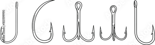 Fishing hook silhouette set, black and white icons, single, double, treble hook types, bait gear, angling equipment, tackle design