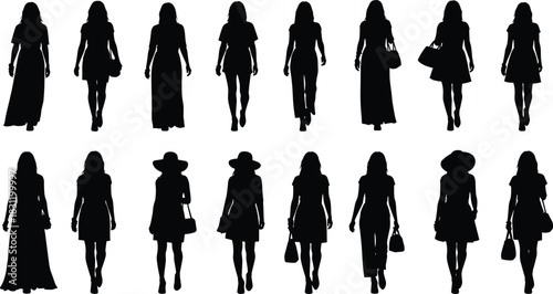 Walking woman silhouette set, black fashion icons, diverse female posture, stylish outfit shapes, hat, handbag, dress, skirt, pants