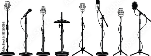 Microphone icon set, vintage and modern styles, audio recording, podcast, broadcast, dynamic, condenser, pop filter, boom arm