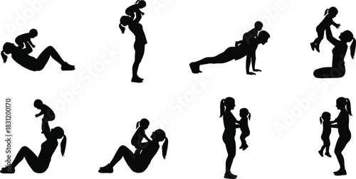 Mother-child workout silhouettes, parenting fitness icons, black vector illustrations, exercise poses, family activity design, active lifestyle graphics