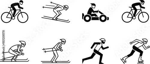 Sport activity icons, biking skiing skating running, black vector silhouettes, physical movement symbols, athletic design elements, race car figure