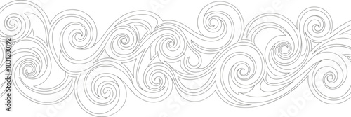 Swirling spiral pattern, abstract line art, black vector curves, dynamic loops, decorative background, rhythmic flow, artistic design element