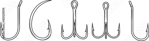 Fishing hook silhouettes, angling gear icons, barbed hook types, treble and double hooks, black vector illustrations, tackle design set