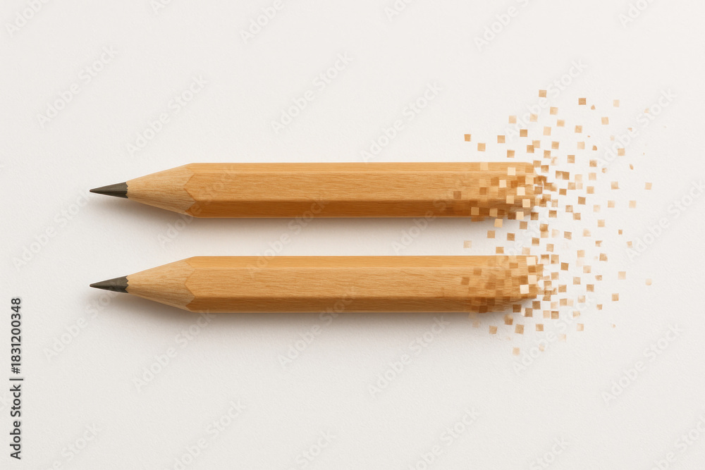 Fototapeta premium Two pencils crumbling into pixelated pieces. Space for text.