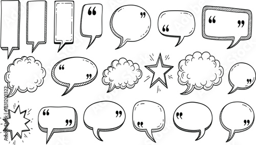 Speech bubbles, thought clouds, comic quotes, hand-drawn frames, sketchy outlines, starburst shapes, dialogue icons, graphic novel elements