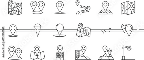 Map icons, location pins, GPS symbols, navigation elements, travel interface, folded maps, route markers, geographic tools, black line illustrations