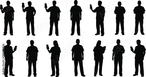 Silhouettes of people using smartphones, mobile device interaction poses, black vector icons, digital behavior, technology usage illustration set