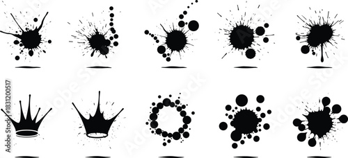 Ink splatter vector set, black abstract blot designs, grunge texture elements, splash illustrations, artistic droplets, graphic design accents