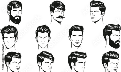 Male hairstyle and beard illustrations, black vector headshots, grooming styles, barbershop reference icons, fashion haircut and facial hair set