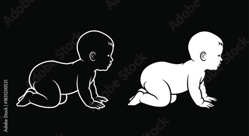 Crawling baby silhouettes, black and white contrast, vector infant icons, artistic duality design, toddler movement pose, newborn graphic set