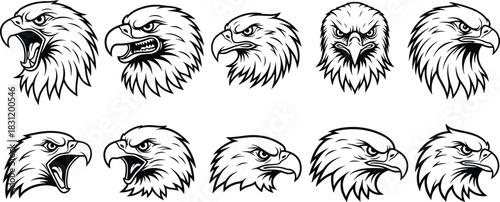 Eagle head illustrations, bold black tattoo style, aggressive expressions, logo-ready vector icons, patriotic bird art, fierce animal graphics