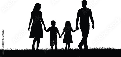 Family silhouette on grass, parents and children holding hands, black vector icon, togetherness, unity, love, outdoor bonding scene