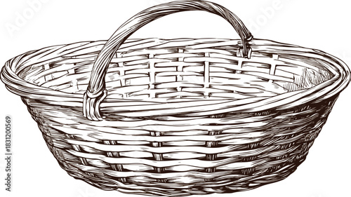Wicker Basket with Handle Drawing - Professional Illustration for Design Projects